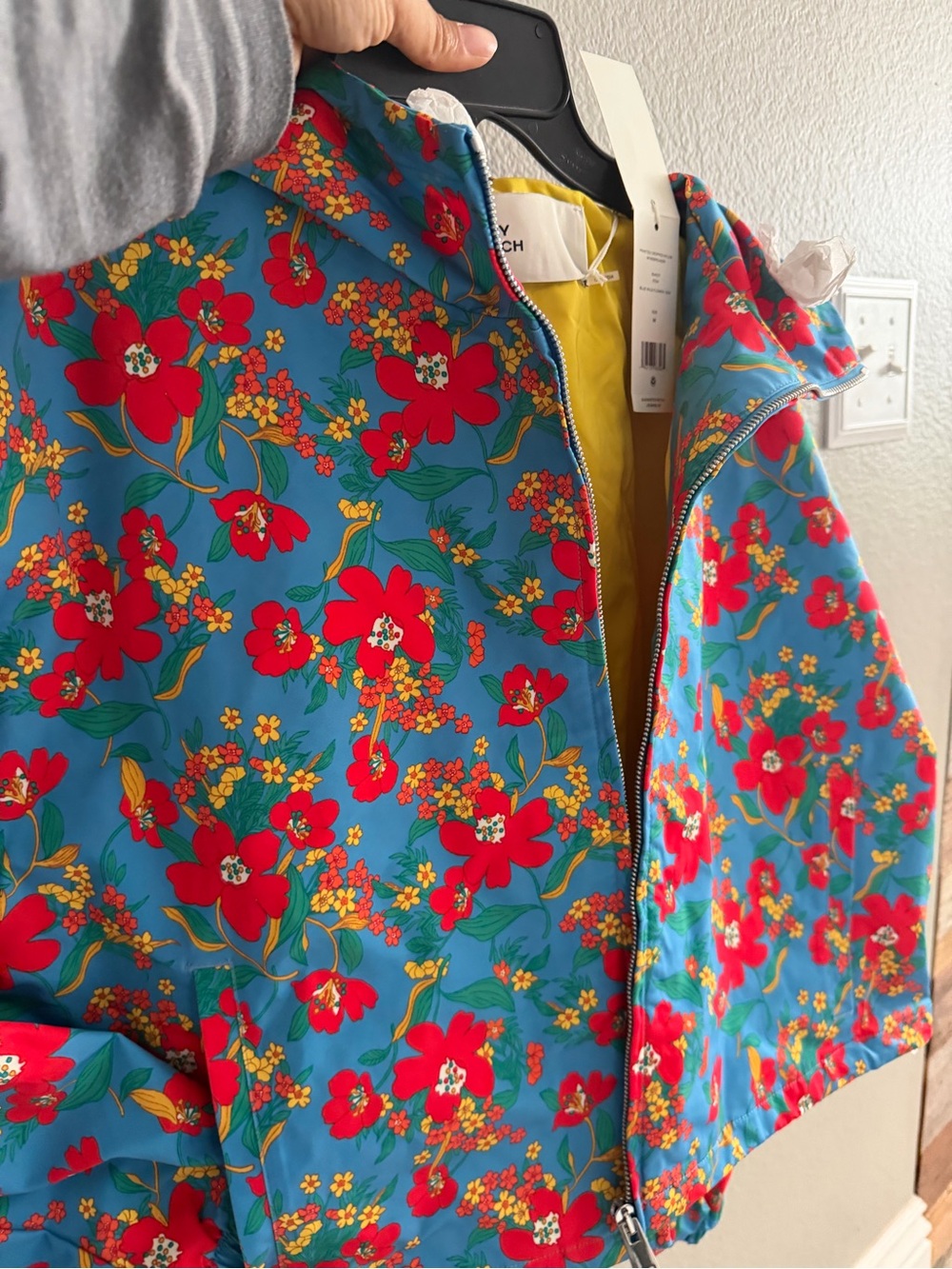 New tory burch printed cropped nylon windbreaker blue wildflower - Picture 1 of 8